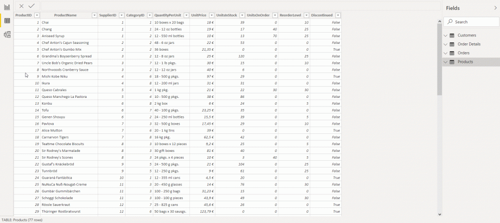 Power BI Desktop Data View